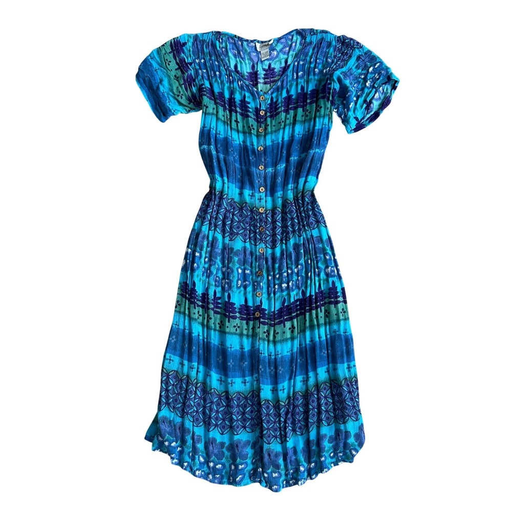 Vtg batik Blue Purple pleated Rayon artsy Boho Midi maxi Dress L lagenlook hippy